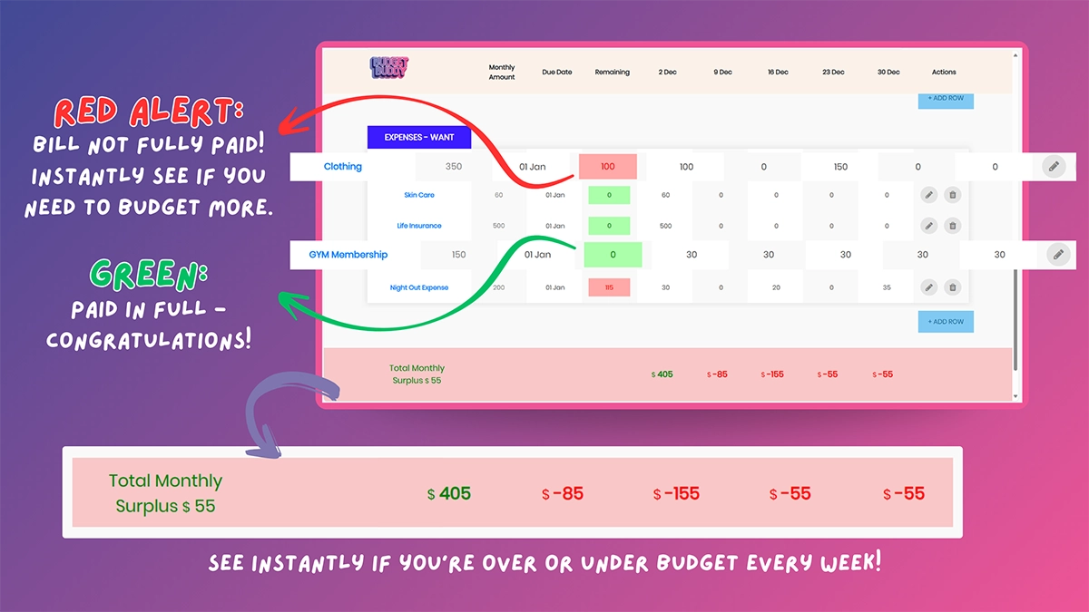 Interactive budget tracking software interface with alerts.