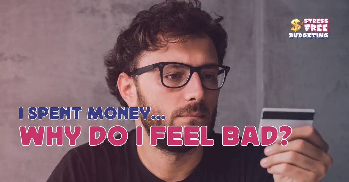 Man contemplating spending, stress-free budgeting advert.