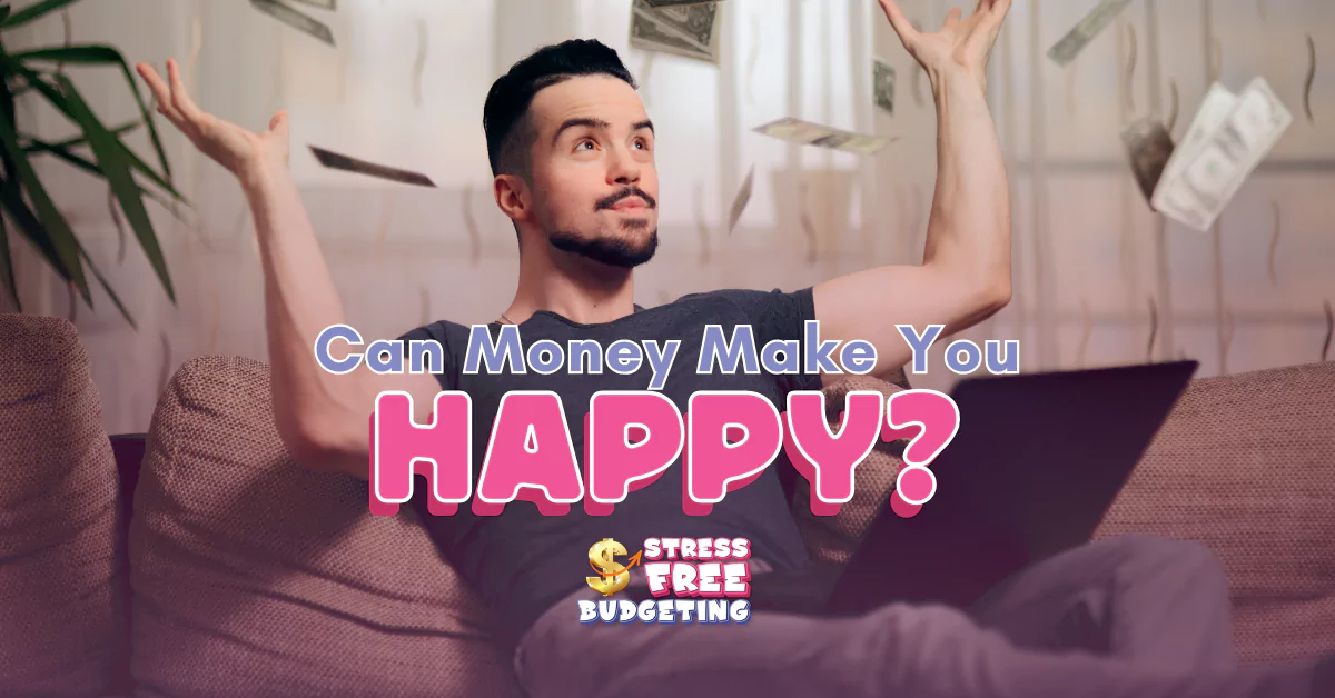 Man pondering happiness with floating money, stress free budgeting.