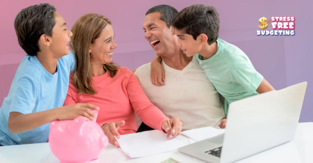 Family budget planning with piggy bank and laptop.