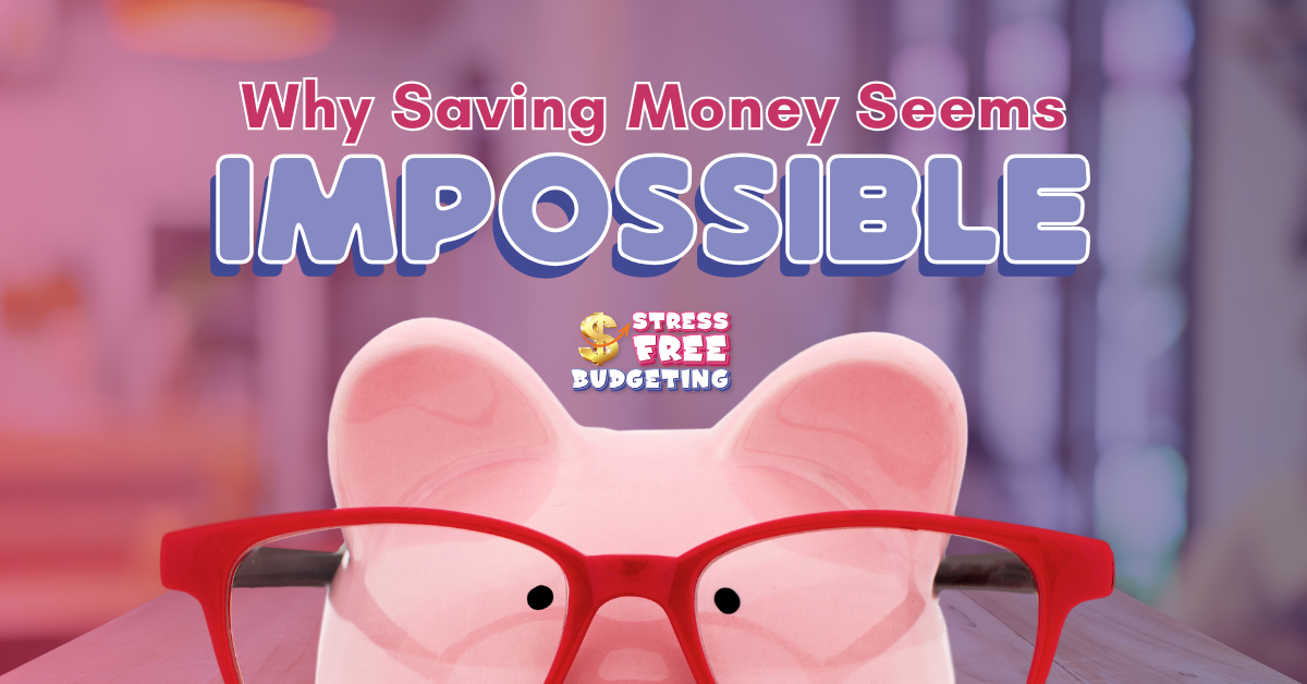 Piggy bank with glasses, impossible savings, stress-free budgeting text.